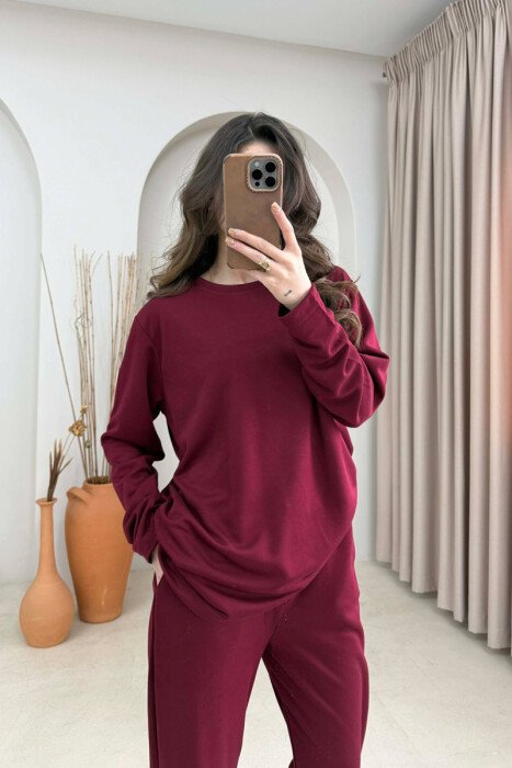 ONE COLOR SIMPLE SWEATSHIRT + SWEATPANTS WOMAN SET BURGUNDY/VISHNJE - 3
