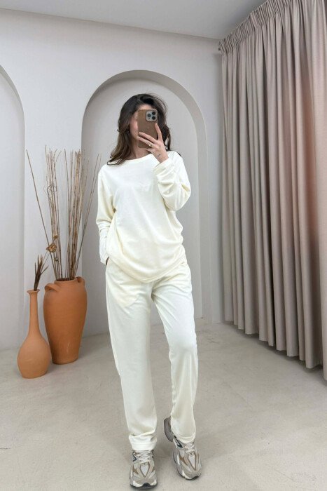ONE COLOR SIMPLE SWEATSHIRT + SWEATPANTS WOMAN SET CREAM/KREM - 1