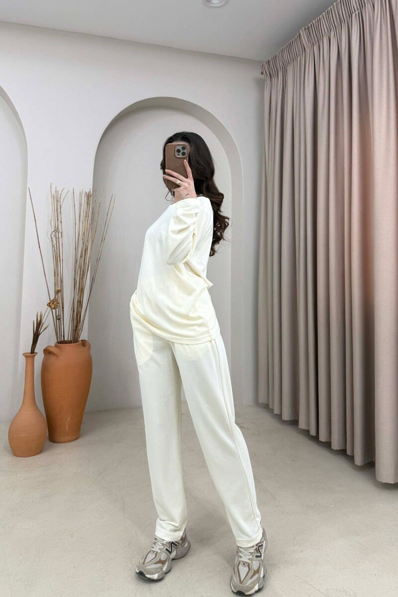 ONE COLOR SIMPLE SWEATSHIRT + SWEATPANTS WOMAN SET CREAM/KREM - 2