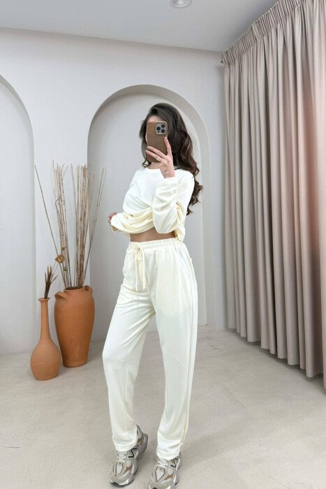ONE COLOR SIMPLE SWEATSHIRT + SWEATPANTS WOMAN SET CREAM/KREM - 3