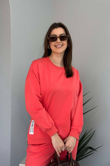 ONE COLOR SIMPLE SWEATSHIRT+JOGGERS WOMEN SET SALMON/SALMON - 3