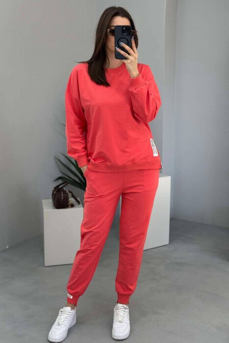 ONE COLOR SIMPLE SWEATSHIRT+JOGGERS WOMEN SET SALMON/SALMON - 5