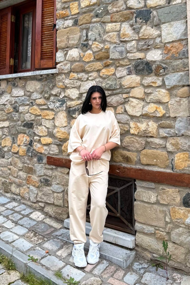 ONE COLOR SIMPLE T-SHIRT + JOGGERS WOMAN SET BEIGE/BEZHE - 1