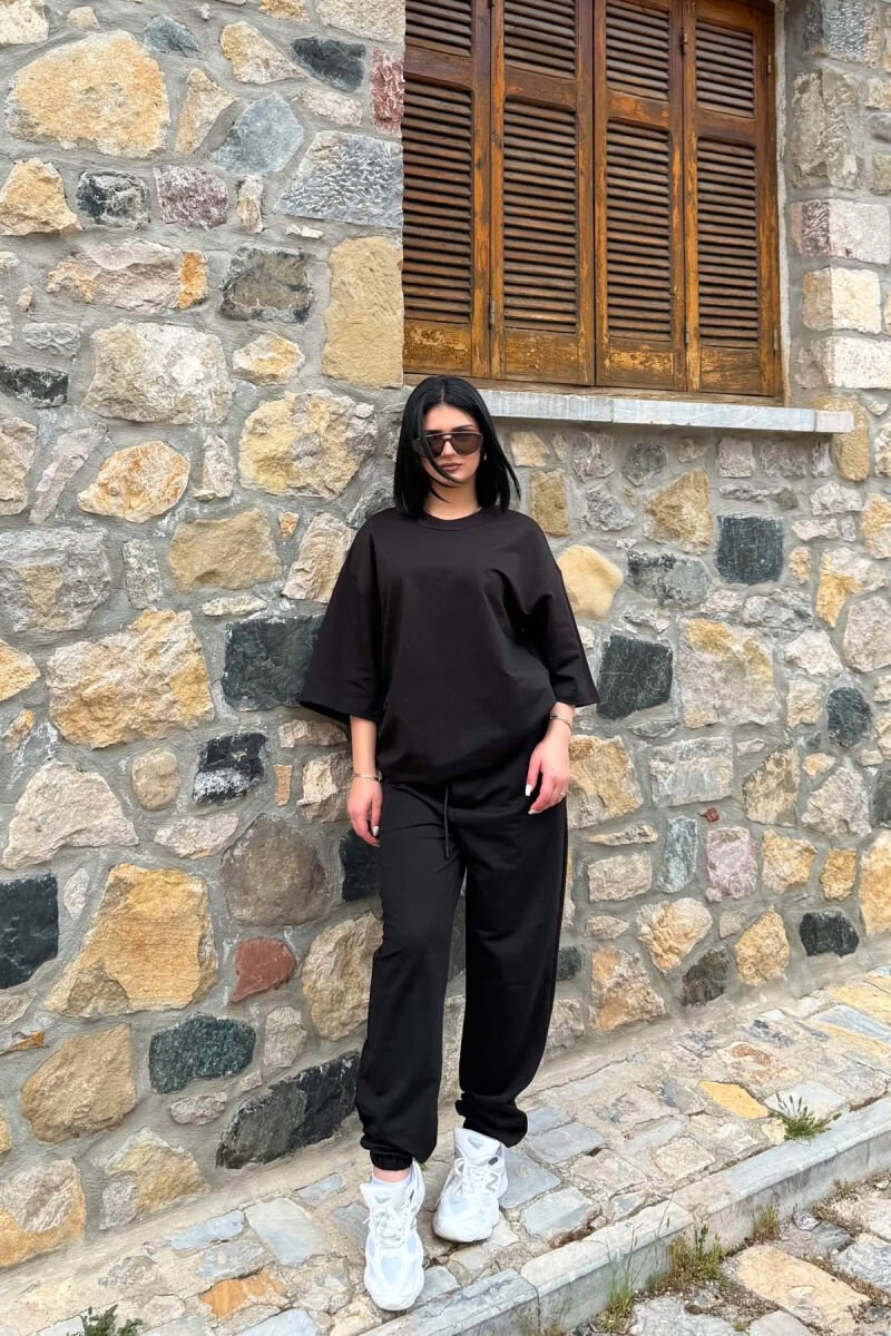 ONE COLOR SIMPLE T-SHIRT + JOGGERS WOMAN SET BLACK-BLACK/ZZ - 1