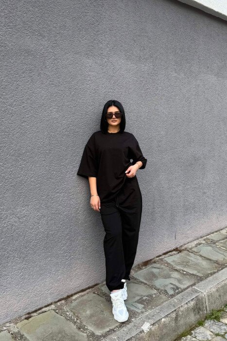 ONE COLOR SIMPLE T-SHIRT + JOGGERS WOMAN SET BLACK/ E ZEZE - 3
