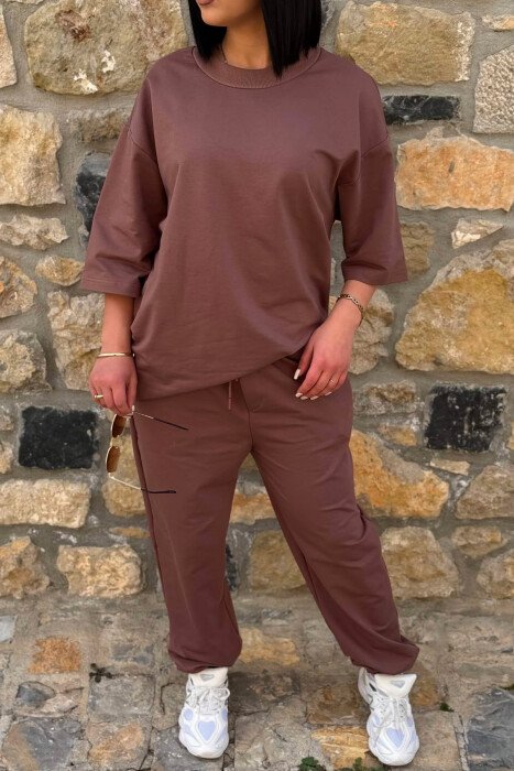ONE COLOR SIMPLE T-SHIRT + JOGGERS WOMAN SET BROWN/KAFE - 2