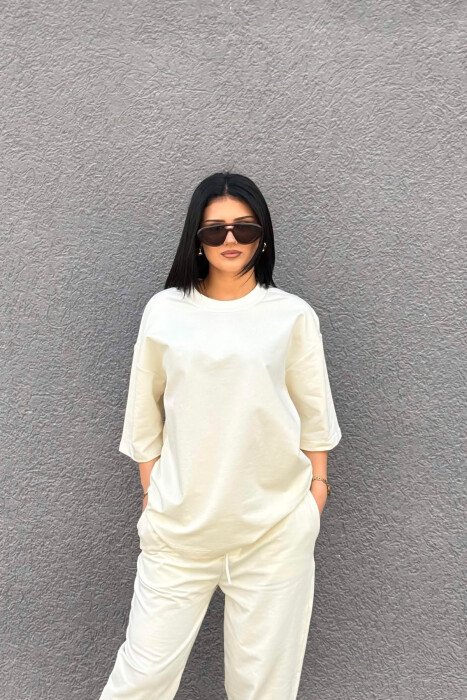 ONE COLOR SIMPLE T-SHIRT + JOGGERS WOMAN SET CREAM/KREM - 2