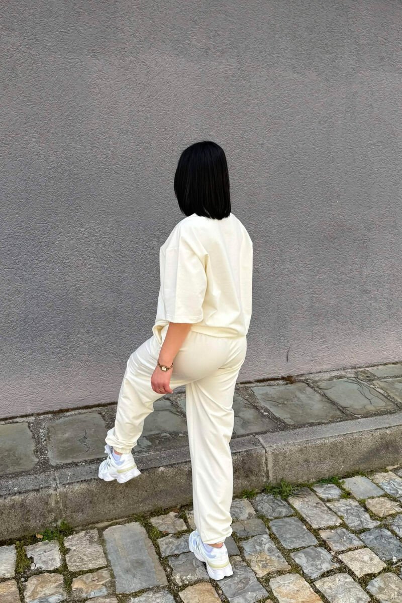 ONE COLOR SIMPLE T-SHIRT + JOGGERS WOMAN SET CREAM/KREM - 3