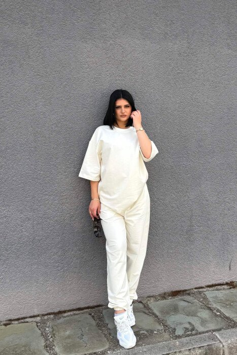 ONE COLOR SIMPLE T-SHIRT + JOGGERS WOMAN SET CREAM/KREM - 4