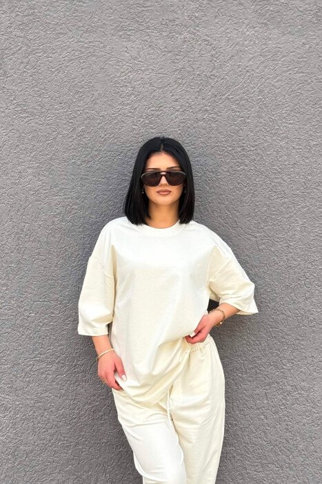 ONE COLOR SIMPLE T-SHIRT + JOGGERS WOMAN SET CREAM/KREM - 5