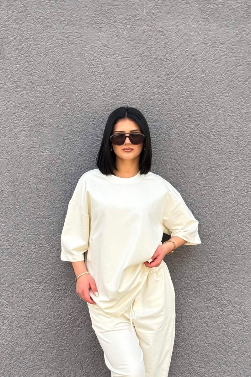 ONE COLOR SIMPLE T-SHIRT + JOGGERS WOMAN SET CREAM/KREM - 5