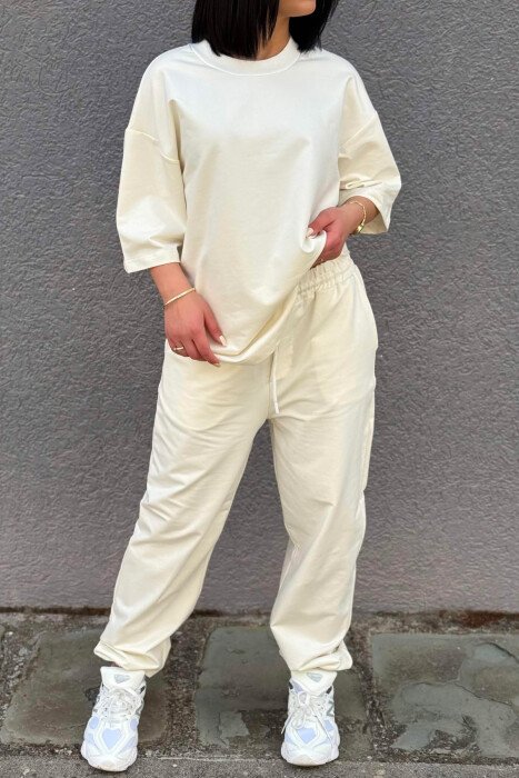 ONE COLOR SIMPLE T-SHIRT + JOGGERS WOMAN SET CREAM/KREM - 6
