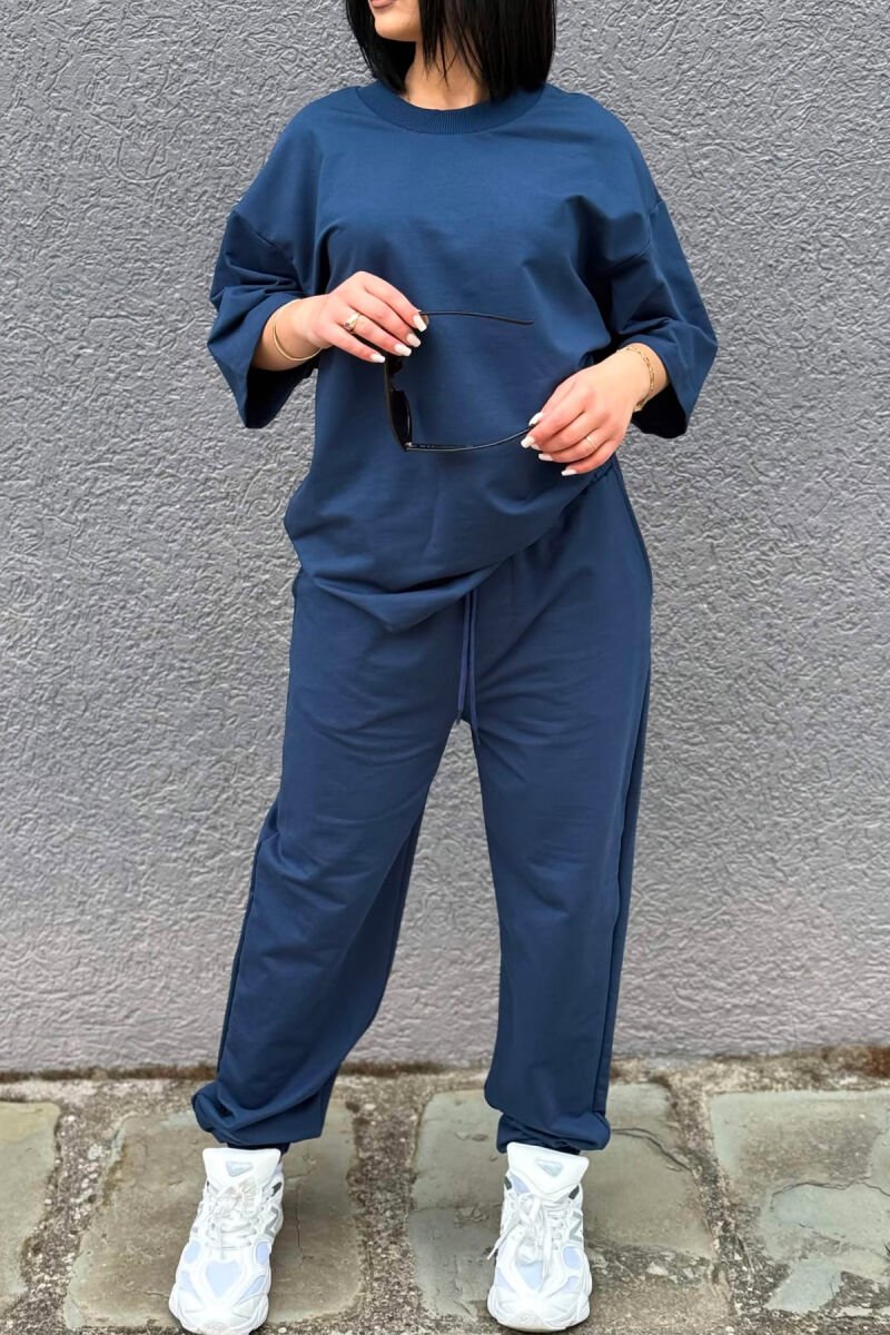 ONE COLOR SIMPLE T-SHIRT + JOGGERS WOMAN SET DARK BLUE/BEE - 2