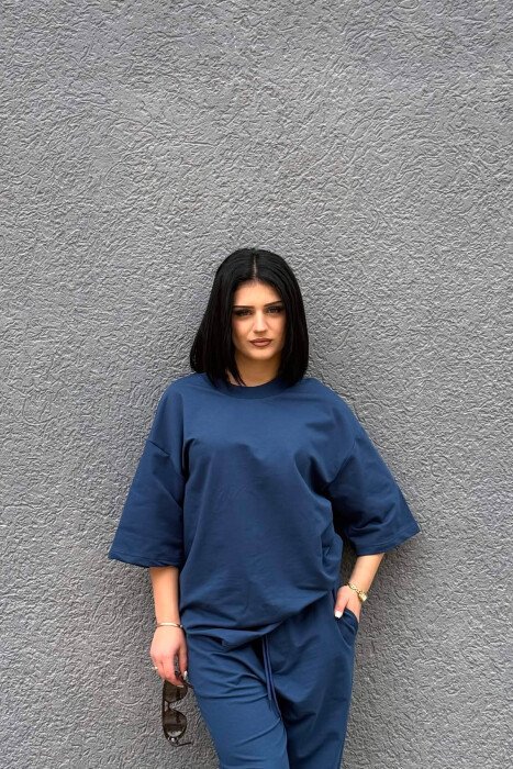 ONE COLOR SIMPLE T-SHIRT + JOGGERS WOMAN SET DARK BLUE/BEE - 3