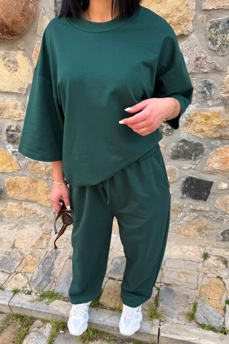 ONE COLOR SIMPLE T-SHIRT + JOGGERS WOMAN SET DARK GREEN/JEE - 2