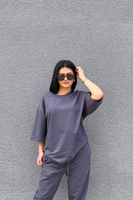 ONE COLOR SIMPLE T-SHIRT + JOGGERS WOMAN SET DARK GREY/GEE - 3