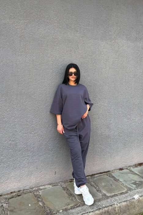 ONE COLOR SIMPLE T-SHIRT + JOGGERS WOMAN SET DARK GREY/GEE - 4
