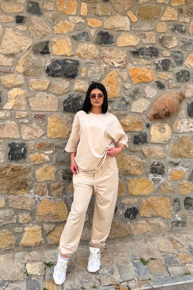 ONE COLOR SIMPLE T-SHIRT + JOGGERS WOMAN SET LIGHT BEIGE/BZHZB - 1