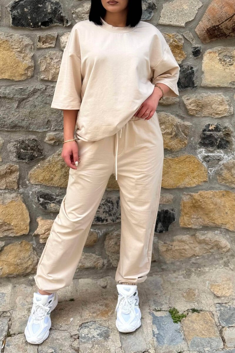 ONE COLOR SIMPLE T-SHIRT + JOGGERS WOMAN SET LIGHT BEIGE/BZHZB - 2