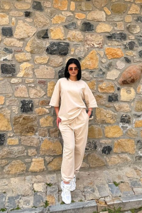 ONE COLOR SIMPLE T-SHIRT + JOGGERS WOMAN SET LIGHT BEIGE/BZHZB - 4