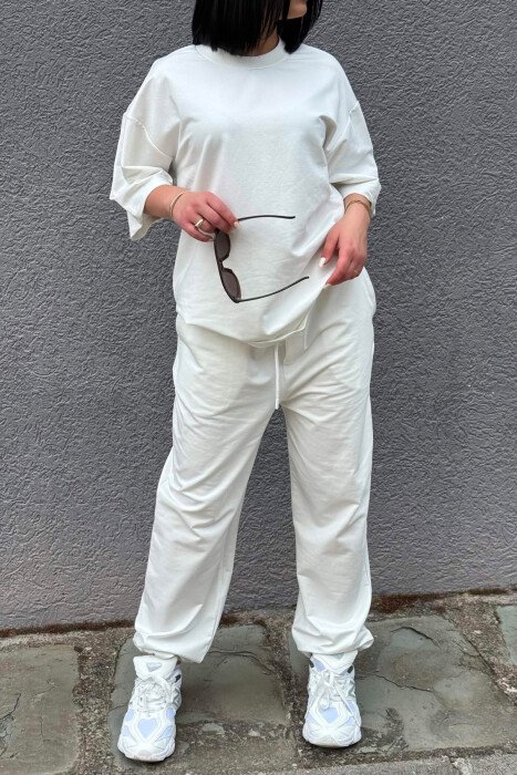 ONE COLOR SIMPLE T-SHIRT + JOGGERS WOMAN SET WHITE-E BARDHE - 2