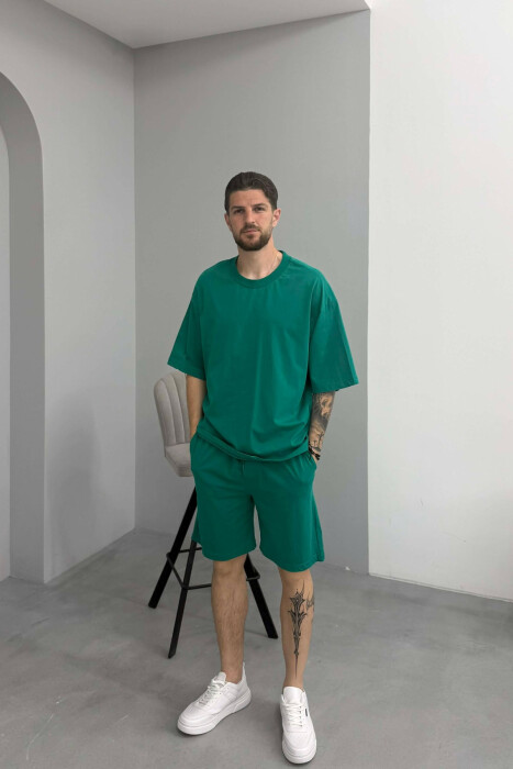 ONE COLOR SIMPLE T-SHIRT + SHORTS MEN SET DARK GREEN/JEE - KLAUDIO FASHION