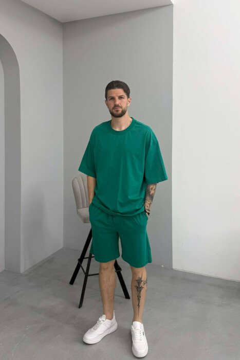 ONE COLOR SIMPLE T-SHIRT + SHORTS MEN SET DARK GREEN/JEE - 1