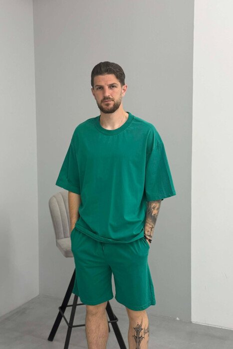 ONE COLOR SIMPLE T-SHIRT + SHORTS MEN SET DARK GREEN/JEE - 3