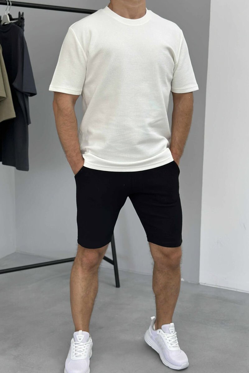 ONE COLOR SIMPLE T-SHIRT+ SHORTS MEN SET WHITE-BLACK/BAZE - 1