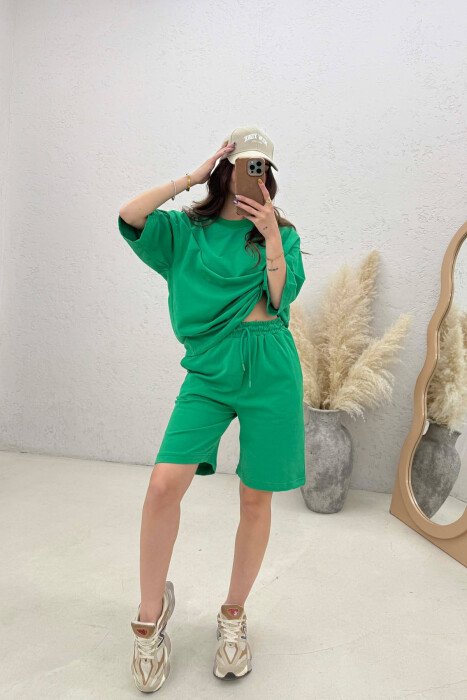 ONE COLOR SIMPLE T-SHIRT + SHORTS WOMEN SET LIGHT GREEN/JEZB - KLAUDIO FASHION