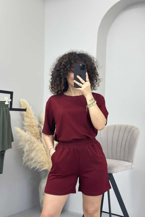 ONE COLOR SIMPLE T-SHIRT+SHORTS WOMEN SET BURGUNDY/VISHNJE - KLAUDIO FASHION