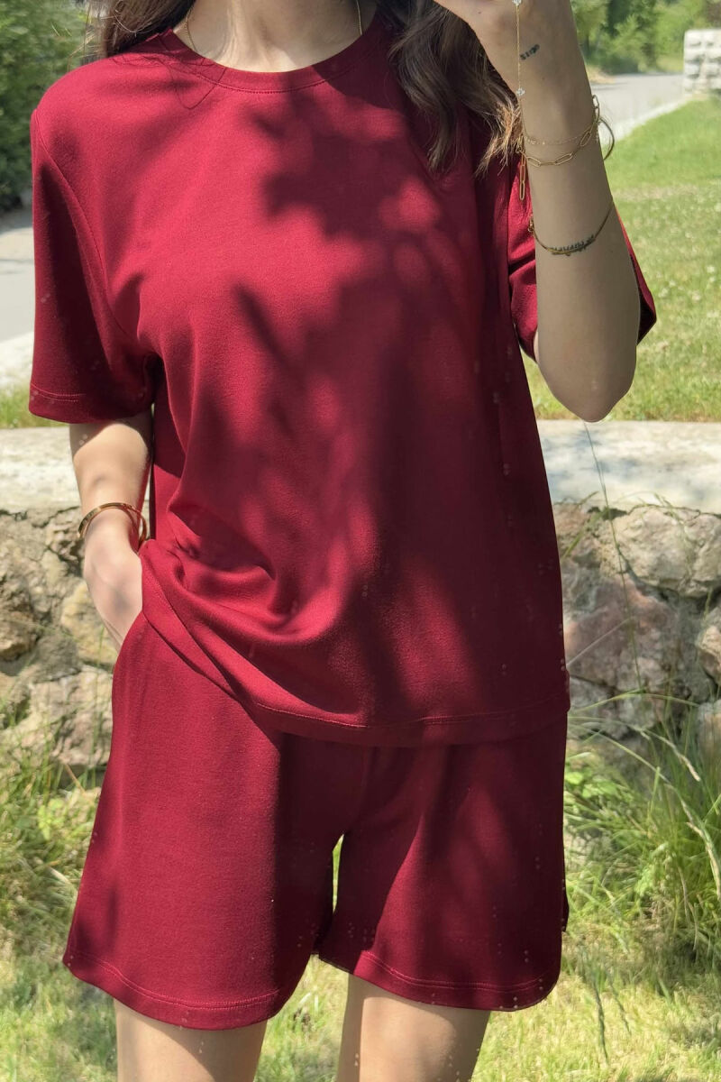 ONE COLOR SIMPLE T-SHIRT+SHORTS WOMEN SET BURGUNDY/VISHNJE - 8