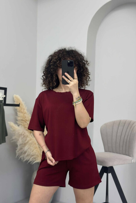 ONE COLOR SIMPLE T-SHIRT+SHORTS WOMEN SET BURGUNDY/VISHNJE - 2