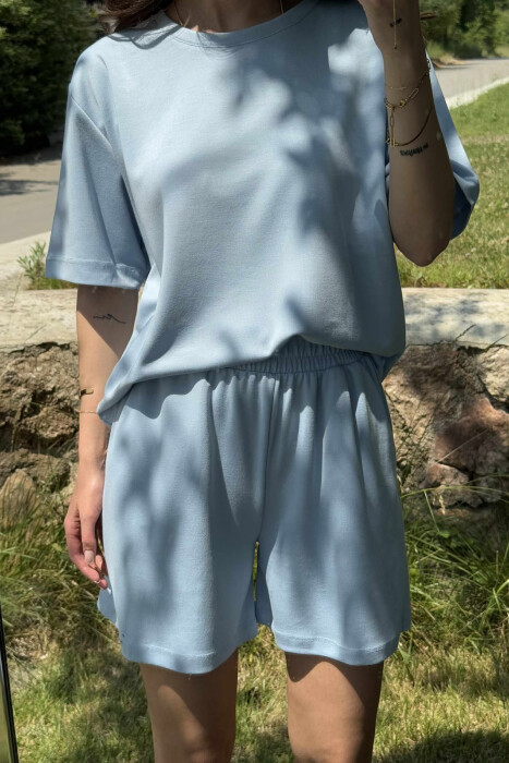 ONE COLOR SIMPLE T-SHIRT+SHORTS WOMEN SET LIGHTBLUE/BZ - 7