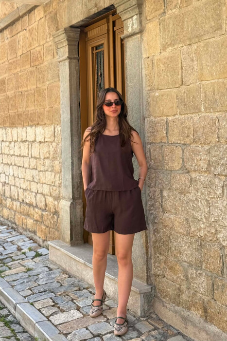 ONE COLOR SIMPLE TANK TOP + SHORTS WOMAN SET BROWN/KAFE - KLAUDIO FASHION