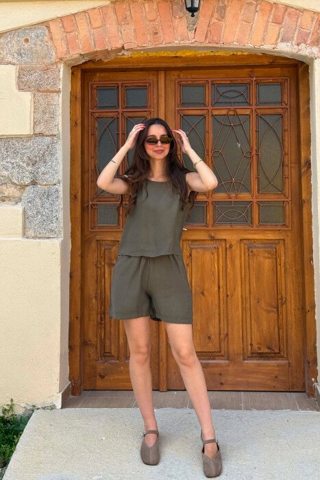 ONE COLOR SIMPLE TANK TOP + SHORTS WOMAN SET OLIVE/ULLI - 1