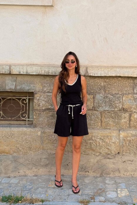 ONE COLOR SIMPLE TANK TOP + SHORTS WOMEN SET BLACK/ E ZEZE - 5