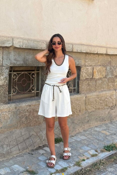 ONE COLOR SIMPLE TANK TOP + SHORTS WOMEN SET WHITE-E BARDHE - 3