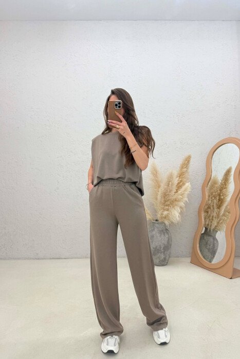 ONE COLOR SIMPLE TANK TOP + SWEATPANTS WOMAN SET LIGHT BROWN/KAZB 