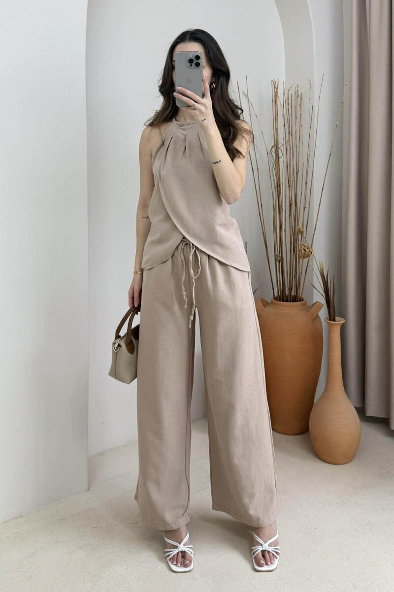 ONE COLOR SIMPLE TANK TOP+TROUSERS WOMEN SET LIGHT BROWN/KAZB - 1