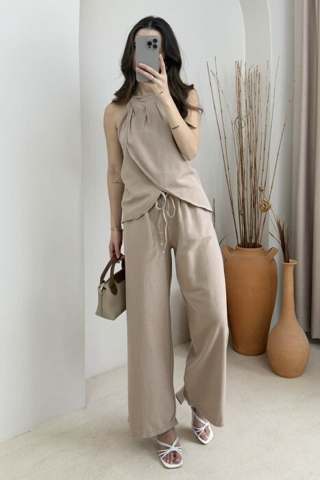 ONE COLOR SIMPLE TANK TOP+TROUSERS WOMEN SET LIGHT BROWN/KAZB - 2