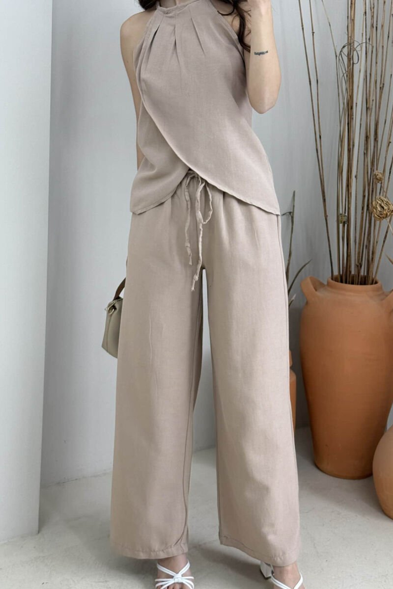 ONE COLOR SIMPLE TANK TOP+TROUSERS WOMEN SET LIGHT BROWN/KAZB - 3