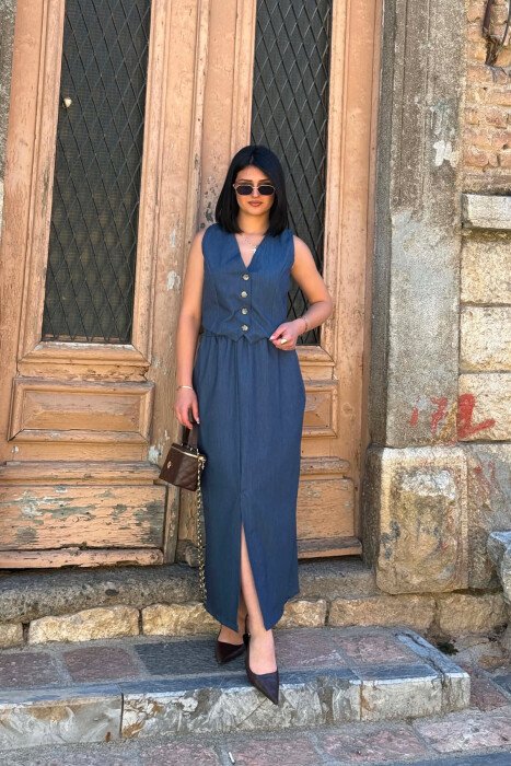 ONE COLOR SIMPLE VEST +CUT OPEN SKIRT WOMEN SET BLUE/BLU - KLAUDIO FASHION