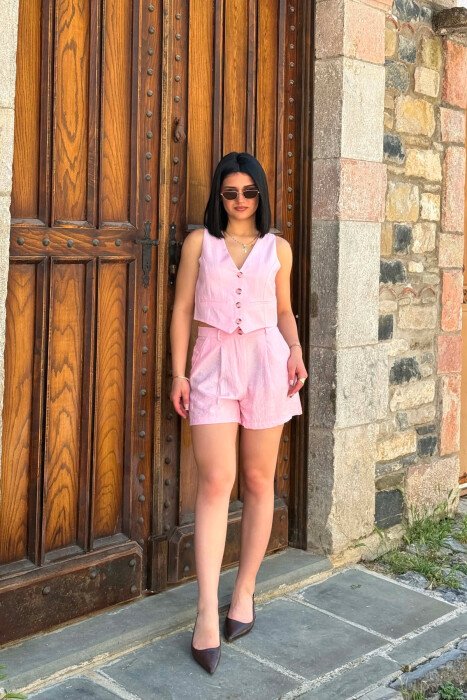 SET NJE NGJYRESH I THJESHTE JELEK + SHORTS PER FEMRA NE NGJYRE ROZE - KLAUDIO FASHION