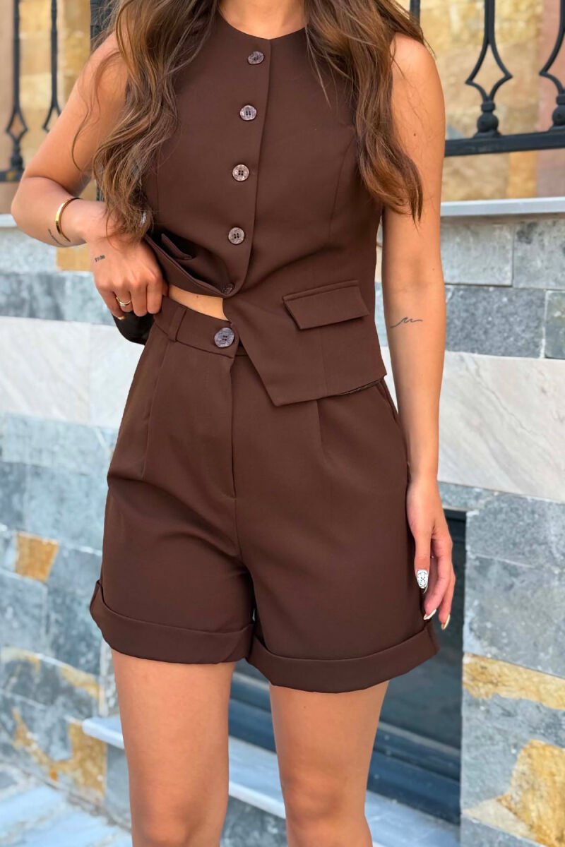 ONE COLOR SIMPLE VEST+SHORTS WOMEN SET BROWN/KAFE - 2