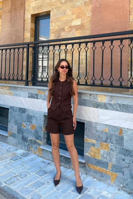 ONE COLOR SIMPLE VEST+SHORTS WOMEN SET BROWN/KAFE - 5