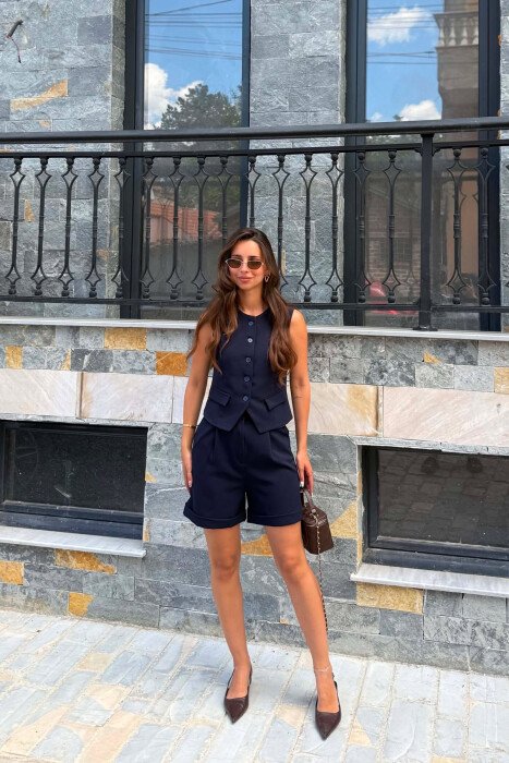 ONE COLOR SIMPLE VEST+SHORTS WOMEN SET DARK BLUE/BEE - KLAUDIO FASHION