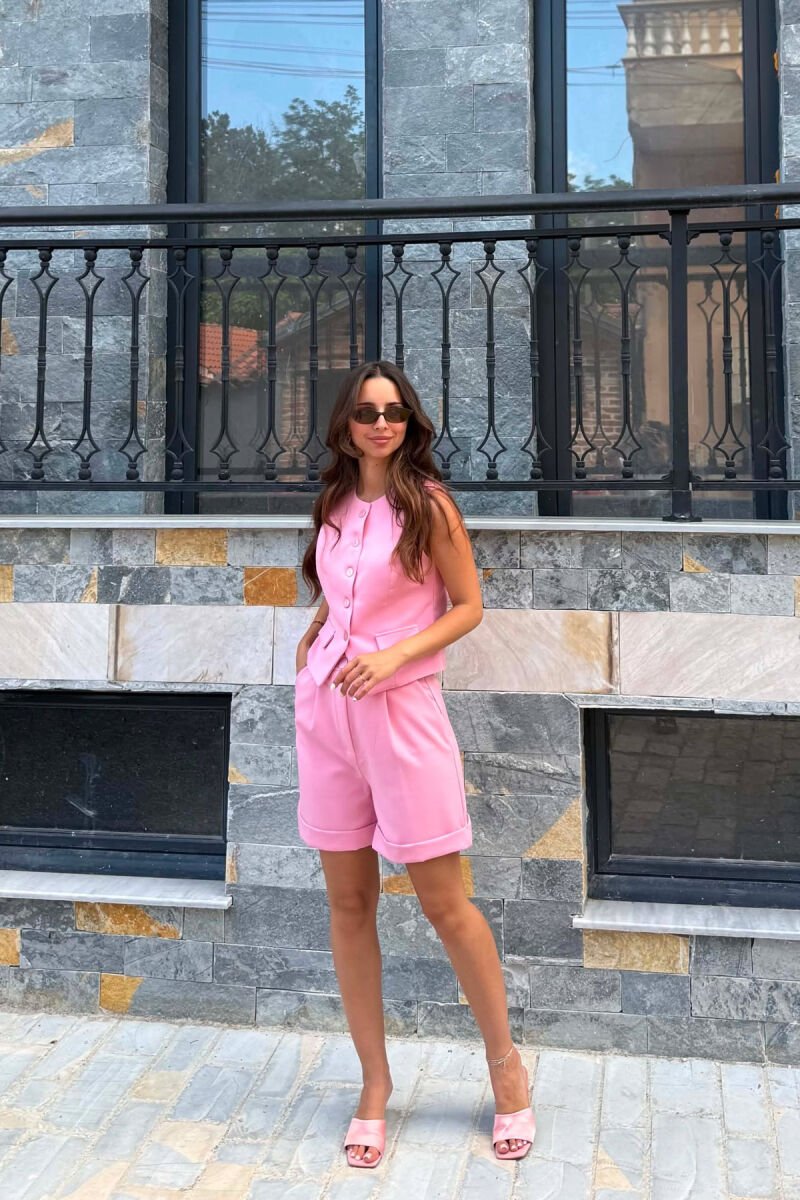 ONE COLOR SIMPLE VEST+SHORTS WOMEN SET PINK/ROZE - 1
