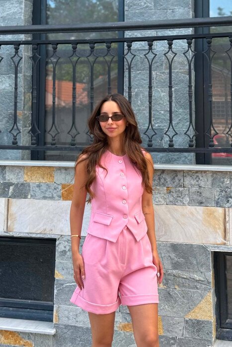 ONE COLOR SIMPLE VEST+SHORTS WOMEN SET PINK/ROZE - 2