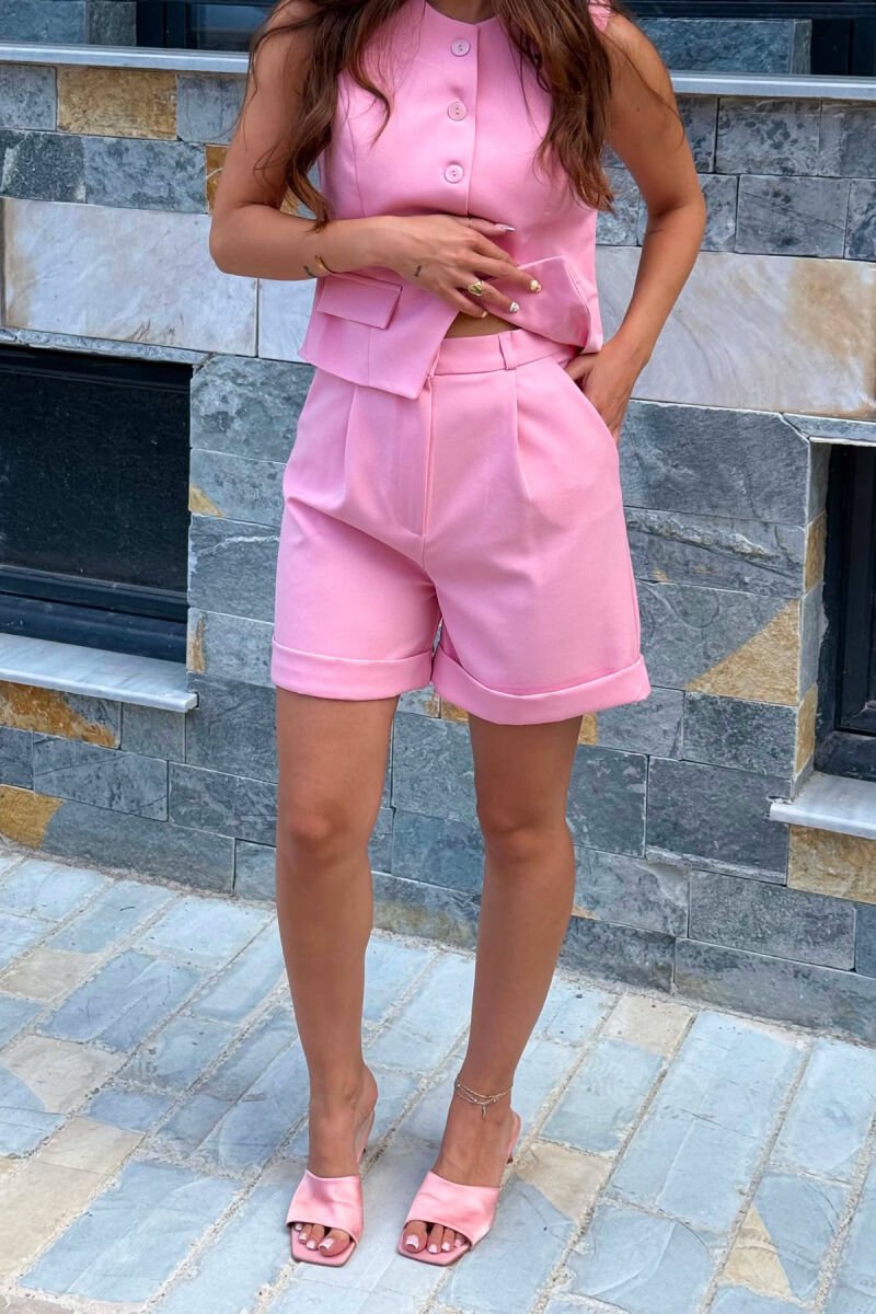ONE COLOR SIMPLE VEST+SHORTS WOMEN SET PINK/ROZE - 3